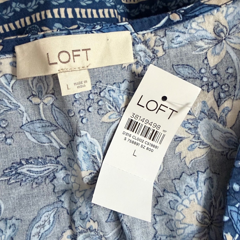 LOFT Blue Cotton Blend Floral Tiered Maxi Dress Long Sleeve V-Neck Boho L NWT - Picture 6 of 12